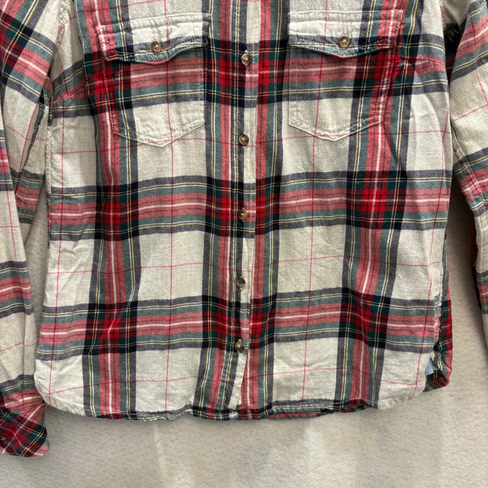 LOGG H&M Womens 8 Red Plaid Flannel Button Down Shirt Corduroy Patches Preppy - Picture 6 of 10